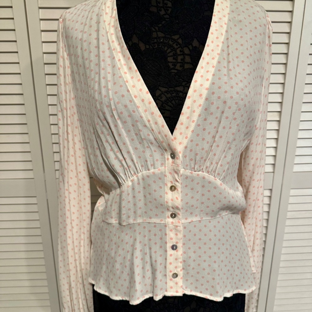Free People Cream with Pink Polka Dots Button Down